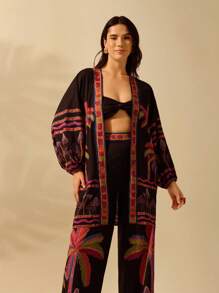 CAJUNI Women's Boho Colorful Coconut Tree & Mushroom Print Lantern Sleeve Loose Kimono-Style Beach Cover Up, Summer Resort - Multicolor - View 9