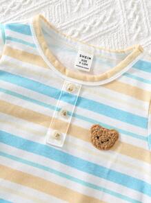 SHEIN 2 件套男婴/女婴休闲可爱图案超大圆领针织上衣和短裤套装，适合春夏季室内外穿着 - 藍色 - 查看 4