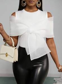 Slaydiva 2025夏季新款音乐节,复活节,西部风,游牧风,优雅风,端庄风,适合参加婚礼,生日派对,毕业季,学生装,日常出游,百搭百搭,休闲,度假,邮轮旅行,沙滩,海边,享受阳光,热销单品,浪漫,超级蝴蝶结,圆领,露肩,网眼拼接,白色女T恤 - 白色 - 查看 8