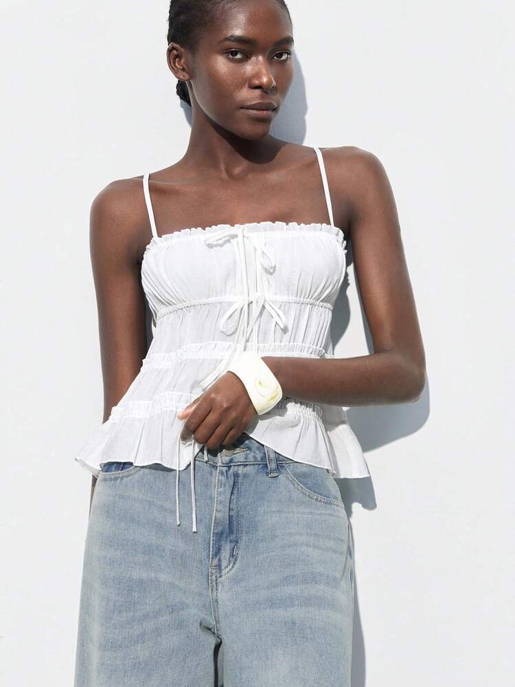 SHEIN Maija 2025 Spring-Summer New Arrival Pleated Tie-Up Design Spaghetti Strap Casual Fashionable Vacation Comfortable Women Tops, Suitable For Music Festival, Beach, Daily, Casual, Romantic City Vacation, Suitable For Outings, Gatherings, Weddings, Guest Attire, Midsummer Wind, Graduation Season Easter Off The Shoulder Top Cute Summer Tops