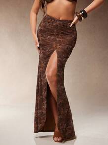 Hauture Jupe imprimée de paisley léopard fendue devant sexy pour soirée festive pour femmes