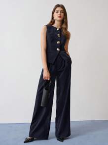 MOTF STUDIO FOLD PLEATED SLANT POCKET SUIT PANTS - Navy Blue - View 3