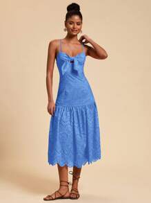 Travachic Váy suông thêu lỗ ren màu trơn buộc dây phía trước cho nữ - Màu xanh lam - Xem 5