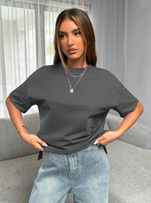 Siren Gaze 女士夏季短前長後基礎款T恤 - 深灰色 - 查看 3