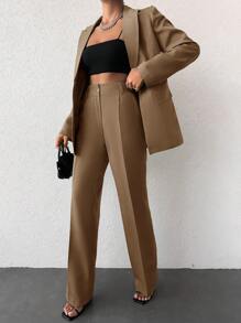 EURMUSE Women's Casual Solid Color Suit Set With Lapel Collar Jacket And Long Pants - Mocha Brown - View 1