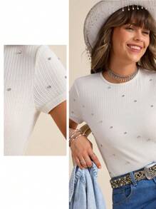 Wildy Boho Cowboy Festival Summer Tops Western Wear Women Women's Ivory Crew Neck Fitted Rhinestone Decor Casual Short Sleeve T-Shirt, Spring/Summer