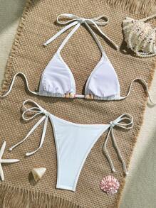 Swim Vcay Set de 2 piezas de Bikini con parte superior de tirantes de tela lisa y Bottom de triángulo, un diseño simple y minimalista