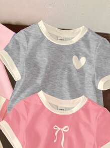 SHEIN 4 件套年轻女孩休闲撞色边饰可爱樱桃、心形、蝴蝶结印花圆领短袖 T 恤，上衣适合春夏季 - 彩色 - 查看 6