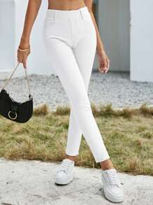 SHEIN Essnce Pantalones largos de mezclilla llanos, simples y de moda, apropiados para el verano