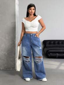 SHEIN Essnce Jeans de mujer talla grande desgastados, moda minimalista adecuada para el verano