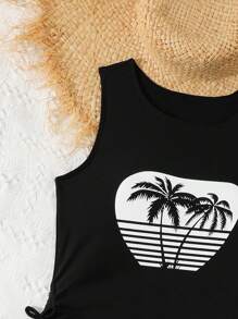 SHEIN Teen Girl Palm Tree Print Scoop Neck Tankini Swimwear, Casual