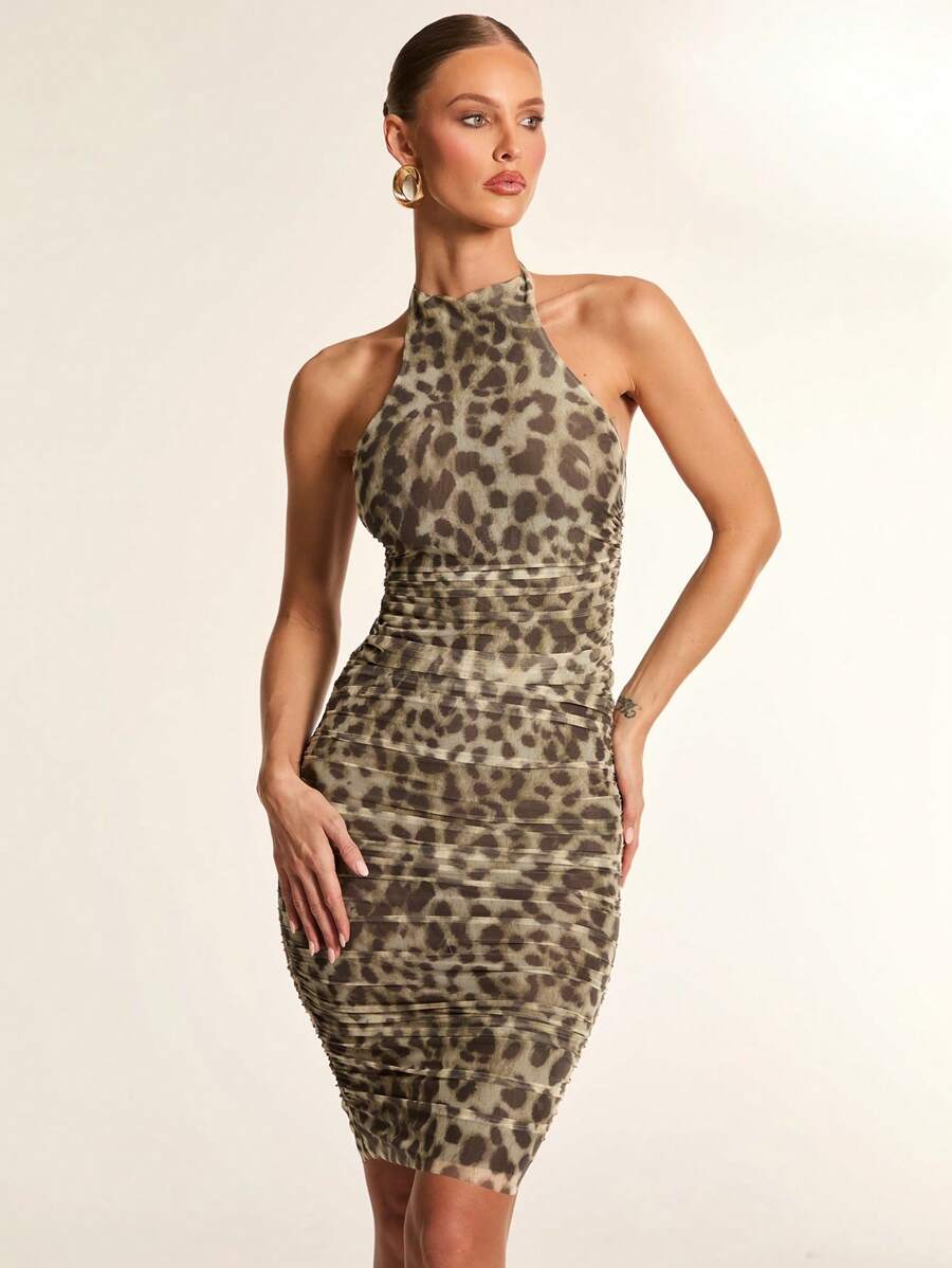 Glamine Women Leopard Print Mesh Side Ruffle, Backless, Fitted Bodycon Sleeveless Elegant Dress - Multicolor - View 1