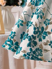 Young Girls Floral Jacquard Cap Sleeve Cute A-Line Dress For Holiday