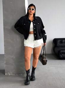 SHEIN ICON Plus Size Women's Long Sleeve Loose Casual Distressed Denim Jacket - Black - View 6