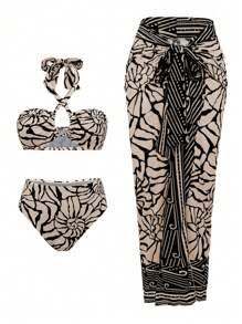 Swim Oasis Set de 3 piezas con Top tipo bandeau con cuello halter, Bottom de tiro alto y corte alto, y falda con cintura de nudo, todos con estampados aleatorios