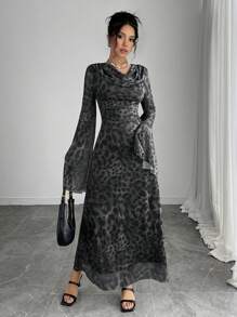 Calvaya Women's Leopard Print Plunge Neck Flare Sleeve Bodycon Dress Maxi Women Outfit