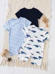 SHEIN Playful Pals 3pcs/Set Toddler Boys' Cute Print + Stripe + Solid Comfy Soft Romper, Suitable For Home, Outdoor Sports, Parties - Multicolor - View 2