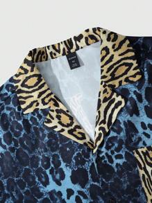 ROMWE MEN Street Life Men's Grunge Casual Leopard Print Short Sleeve Shirt & Shorts Set - Blue - View 4