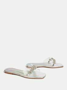CUCCOO TILAWA Women's Summer Sparkling Crystal Transparent Shoes, Square Toe Flat Comfortable Shiny Luxury High-End Quality Beach Sandals, Fashion Party Evenings Transparent Silver PVC Flat Slippers