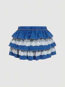 SHEIN MOD Quần váy xếp tầng ren trắng denim xanh cỡ lớn cho nữ - Rửa trung bình - Xem 2