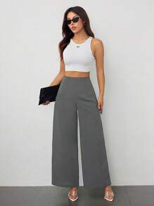 SHEIN PETITE Pantaloni a vita alta texture ampi casual di moda semplici da donna, adatti per la stagione back-to-school e per l'ufficio