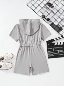 Young Girl Letter Print Short Sleeve Zip Placket Hooded Casual Jumpsuit - Grey - View 2