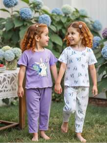 4 Pieces Baby Girls Casual Rabbit Print Design Short Sleeve Top And Pants Homewear Set Baby Clothes Set - Multicolor - View 1