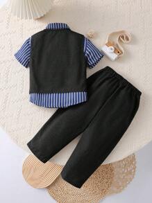 SHEIN Leap Crew 3Pcs Boys Korean Casual Loose Sleeveless V-Neck Vest + Gray Tapered Pants + Navy Blue Striped Shirt Set, Buy 2 Get 1 Free, Suitable For Travel, School, Daily Gathering, Autumn/Winter - Black - View 8