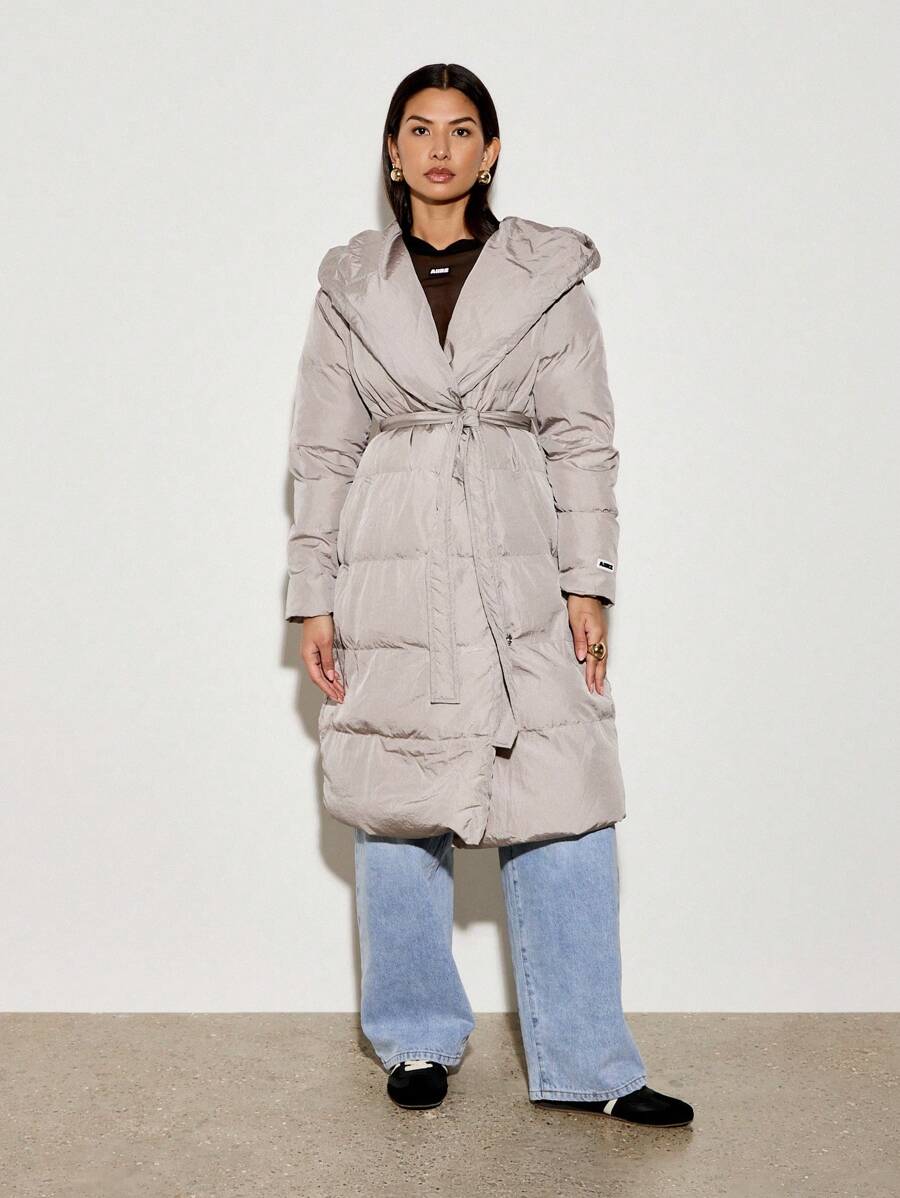 AiiRZ Metallic Quilted Long Puffer Coat Insulated Hooded Winter Outerwear Belted Wrap Warm Overcoat Mid-Length Alternative Padded Snow Coat - Light Grey - View 1