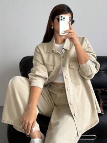 SHEIN ICON 大码女式大码牛仔夹克，休闲时尚，适合夏季 - 卡其色 - 查看 5