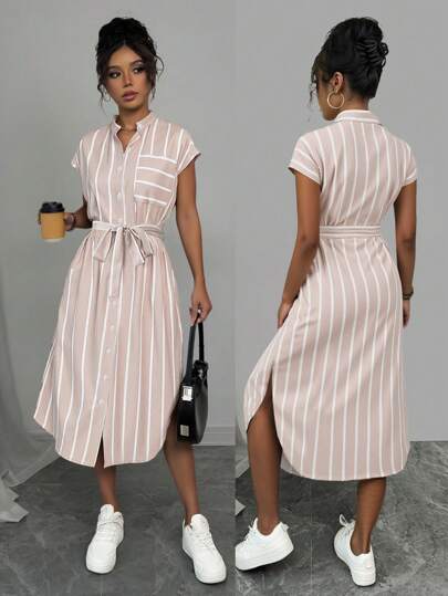 Rafferiza Gestreepte, kleurgeblokte overhemdjurk in Franse stijl met getailleerde taille en knoopsluiting aan de voorkant, bijpassende maxi-damesoutfit