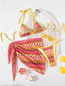 Glamine Set de 3 piezas Traje de baño de bikini de estilo crochét con tirantes de red casual para vacaciones en la playa, para mujeres, primavera/verano - Multicolor - Ver 6