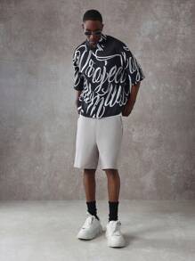 SUMWON Oversized Designer Shirt All Over Print Calligraphy Script Pattern Street Style Festival Party Club Short Sleeve Button Up Casual Contemporary Unique Fashion Statement - Black - View 4