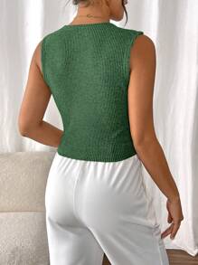 SHEIN Frenchy Áo ba lỗ cổ chữ V đơn hàng khuy đơn màu đơn giản dành cho nữ - Màu xanh lá cây đậm - Xem 2