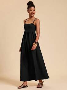 Travachic 女士优雅纯色长款吊带裙 - 黑色 - 查看 5