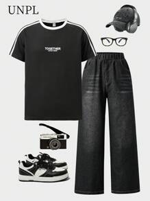 SHEIN Explorewe Teen Boy Street Fashion Round Neck Letter Print T-Shirt - Black - View 6