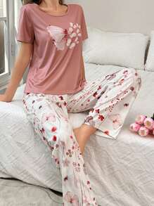 Conjunto de pijama de cuello redondo de manga corta con estampado de mariposas y flores para mujeres - Multicolor - Ver 6