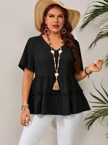 EMERY ROSE Plus Size Women V-Neck Texture Ruffled Hem Holiday Blouse,Spring Summer - Black - View 3