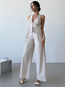 Firerie 2 件套：优雅轻盈亚麻裹身前 V 领无袖背心和高腰褶皱阔腿裤，休闲商务通勤装，适合女士春夏季、毕业典礼、教师装，秋冬季返校 - 杏色 - 查看 5