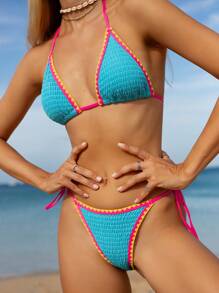 SHEIN Swim Conjunto de bikini de 2 piezas de moda europeo y americano, con escote halter sexy, diseño de volantes de unicolor y cintura alta con estampado floral, traje de baño para mujer para el verano y las vacaciones en la playa