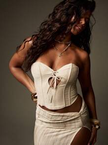 MISSGUIDED 亚麻外观抹胸束身衣上衣，无袖露肩，鸡心领口，夏季节日派对紧身胸衣短款上衣，前部系带设计