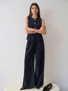 MOTF STUDIO FOLD PLEATED SLANT POCKET SUIT PANTS - Navy Blue - View 5