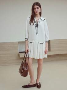 MOTF STUDIO Vestido plisado con nudo y estampado de rayas - Blanco - Ver 4