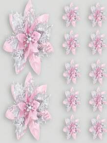 10 件粉色一品红人造发光红色圣诞花带闪光，适用于圣诞树花环花环家庭派对节日婚礼冬季装饰节日 DIY 工艺品季节性 - 粉色 - 查看 4