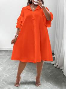 Slaydiva 2025 New Versatile White Resort Design Casual Short Sleeve Top With Layered Ruffle Sleeves And Asymmetrical Hem Midi Dress, Suitable For Spring/Summer Daily Wear And Commuting - Orange - View 4