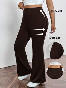SHEIN Privé Plus Size Lente/Zomer/Herfst Elegant Casual Dagelijks Woon-werkverkeer Sport Hoge Taille Met Zak Rits Leggings Zwarte Flares Broek