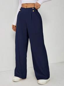 SHEIN PETITE Women's Elegant Double Button Straight Office Pants