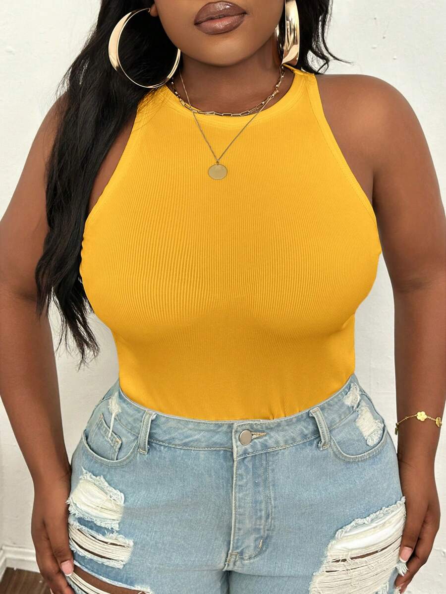 Slaydiva Weiße Trägertop Bluse mit rundem Ausschnitt und offenen Schultern, Slim Fit, Lässig Basic in Große Größen