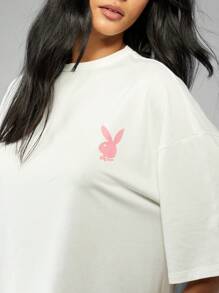 Missguided x Playboy Oversized T-Shirt Half Sleeve Streetwear Loungewear Casual Pink Bunny Logo Cotton Blend Urban Fashion Everyday Essential Spring Summer - White - View 7