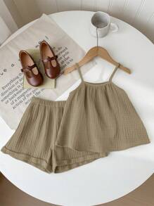 SHEIN LMoss Kids 2pcs Young Girls Summer Casual Loose Spaghetti Strap Camisole And Pleated Hem Shorts Set - Grey - View 1